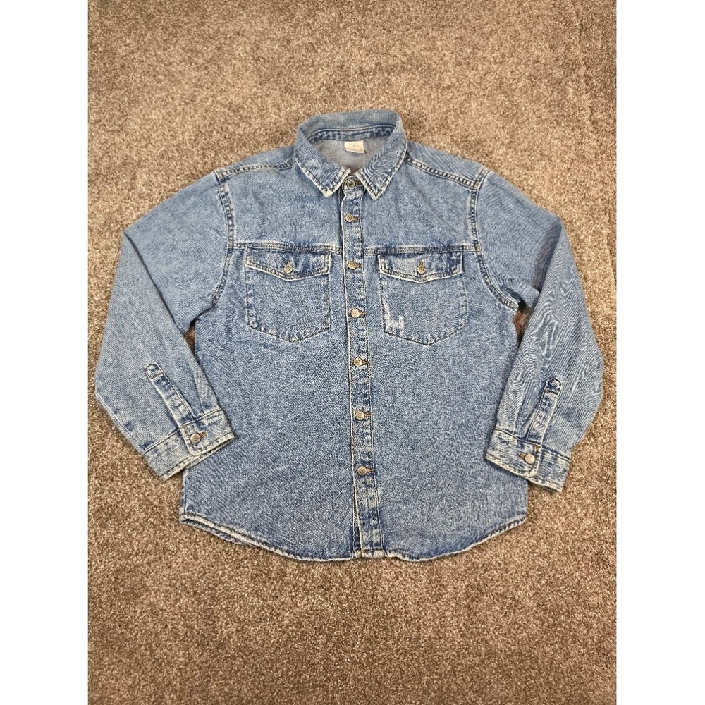 Zara Girls Light Wash Denim Shirt Jacket Distressed Blue Cotton Size 13-14 164cm